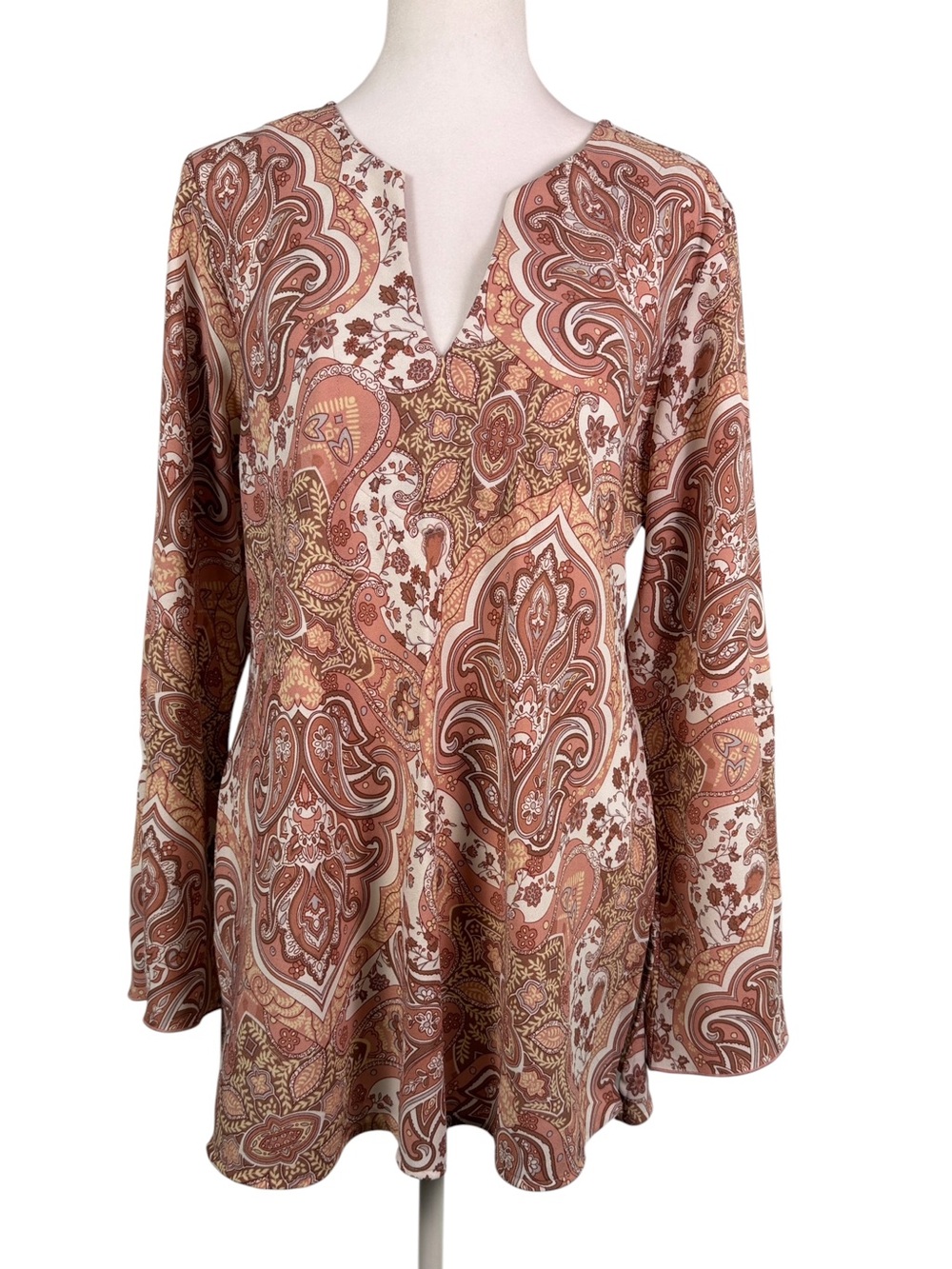 Giorgio Fiorlini Paisley V-Neck Tunic Rust Cream L Boho Chic Flared Sleeve